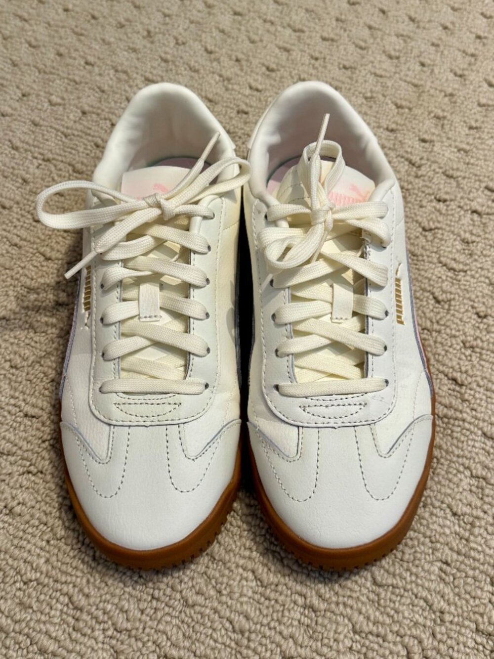 Puma White Leather Sneakers with Pink Stripe and Gum Sole